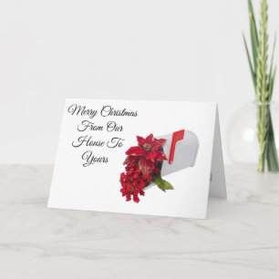 Merry Christmas Card with mailbox and poinsettias Kaart