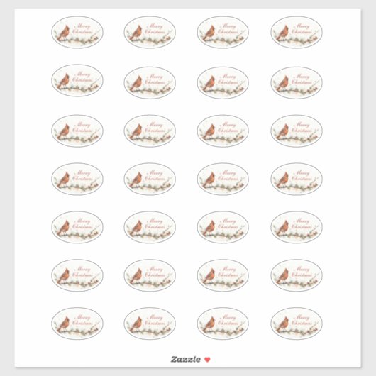 Merry Christmas Cardinal on Branch Oval Stickers (Vel)