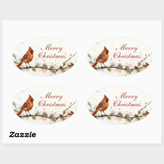 Merry Christmas Cardinal Oval Sticker (Vel)