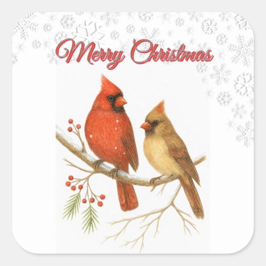 Merry Christmas Cardinals & Snowflake Holiday Vierkante Sticker (Voorkant)