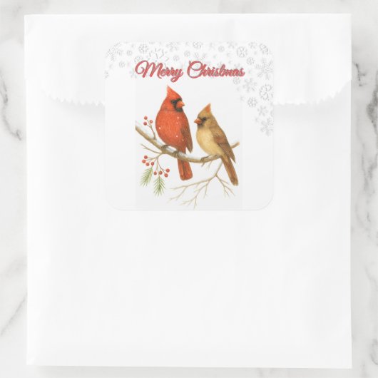 Merry Christmas Cardinals & Snowflake Holiday Vierkante Sticker (Tas)