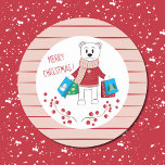Merry Christmas Cartoon Polar Beer Stickers<br><div class="desc">Een schattige sticker om je Holiday mail en/of cadeaus te verfraaien. Het heeft een schattige cartoon polar beer met een rode trui. Hij/zij draagt boodschappentassen. De woorden zeggen "Vrolijk kerstfeest!" maar voel je vrij om het te veranderen met je eigen gebruik van de sjabloon. De stickers hebben ook een roze...</div>