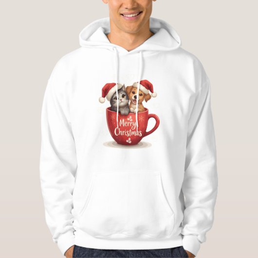 Merry Christmas Cat and Dog in Mug Hoodie Cute Pet (Voorkant)