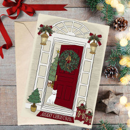 Merry Christmas Cat at the door Greeting Card Feestdagen Kaart