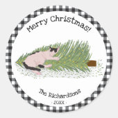 Merry Christmas Cat Black & White Gingham Ronde Sticker (Voorkant)