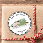 Merry Christmas Cat Black & White Gingham Ronde Sticker