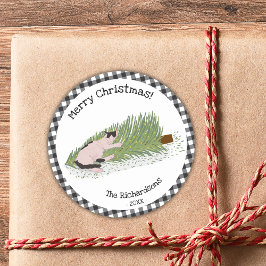 Merry Christmas Cat Black & White Gingham Ronde Sticker