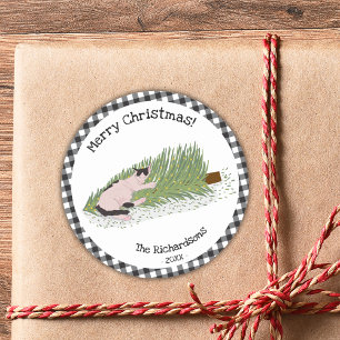 Merry Christmas Cat Black & White Gingham Ronde Sticker