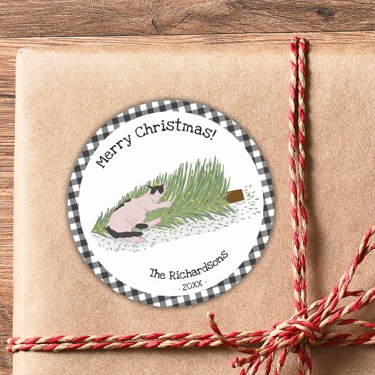 Merry Christmas Cat Black & White Gingham Ronde Sticker
