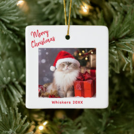 Merry Christmas Cat Photo Holiday Keramisch Ornament
