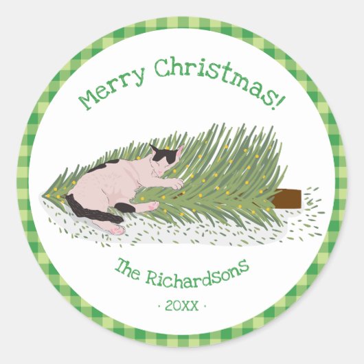 Merry Christmas Cat vs Tree Green Gingham Ronde Sticker (Voorkant)