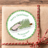 Merry Christmas Cat vs Tree Green Gingham Ronde Sticker