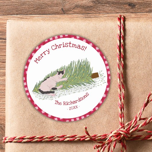Merry Christmas Cat vs Tree Red Gingham Ronde Sticker