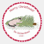 Merry Christmas Cat vs Tree Red Gingham Ronde Sticker (Voorkant)