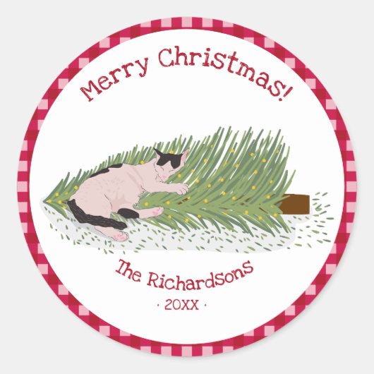 Merry Christmas Cat vs Tree Red Gingham Ronde Sticker (Voorkant)