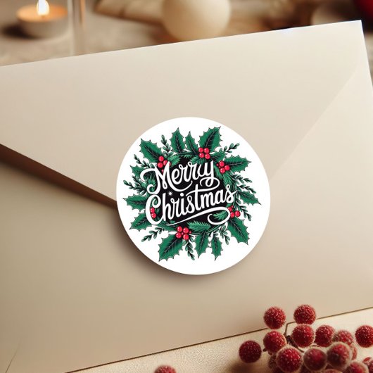 Merry Christmas Cherries & Holly Envelope Seal Ronde Sticker