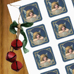 Merry Christmas Cherub Angel  Blauw Goud Vierkante Sticker<br><div class="desc">Cherub-Kerst sticker | Deze stijl engel die in de wolken zit doet denken aan de bekende cherubs van Rafaël. Blauwe achtergrond met gouden accenten. De Merry Christmas-tekst kan worden gewijzigd in de begroeting van uw keuze, een naam of wat u ook in de beschikbare ruimte kunt passen. Deze prachtige stickers...</div>