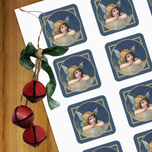 Merry Christmas Cherub Angel  Blauw Goud Vierkante Sticker
