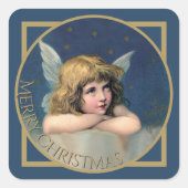 Merry Christmas Cherub Angel  Blauw Goud Vierkante Sticker (Voorkant)