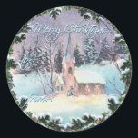 MERRY CHRISTMAS CHURCH & WREATH door SHARON SHARPE Ronde Sticker<br><div class="desc">MERRY CHRISTMAS CHURCH & WREATH uit een originele waterverf van SHARON SHARPE</div>