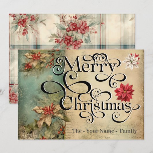 Merry Christmas Classic Chique Bloemen Typografie Feestdagenkaart (Voorkant / Achterkant)