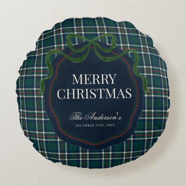 Merry Christmas Classic Preppy Tartan Plaid Rond Kussen (Voorkant)