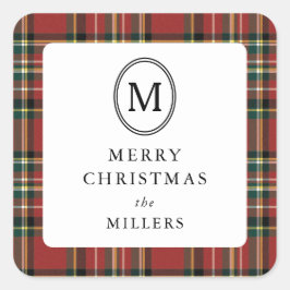 Merry Christmas Classic Red Plaid Monogram Vierkante Sticker