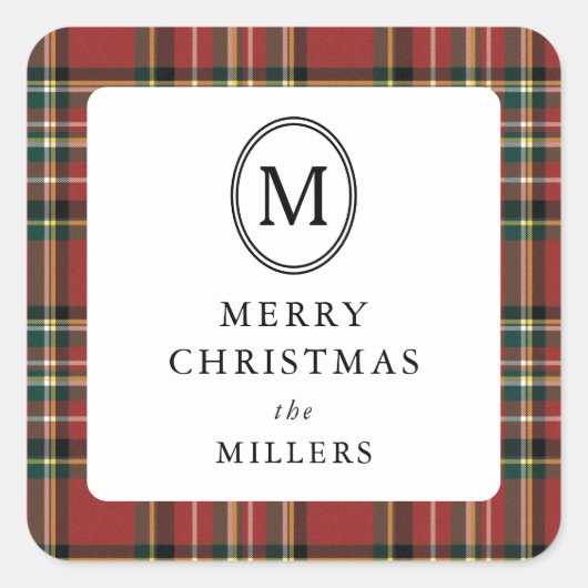 Merry Christmas Classic Red Plaid Monogram Vierkante Sticker (Voorkant)
