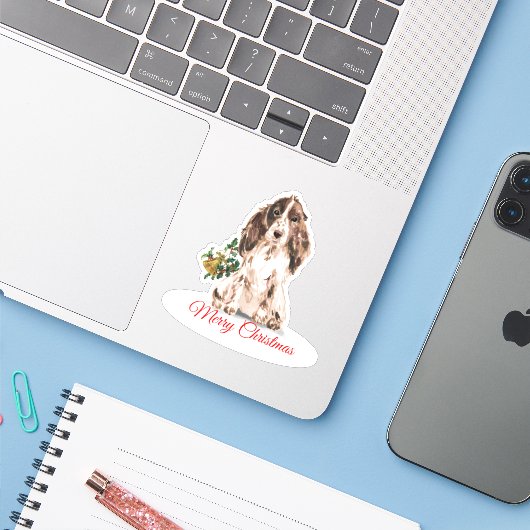 Merry Christmas Cocker Spaniel CustomCut Vinyl Sticker (Laptop met iPhone)