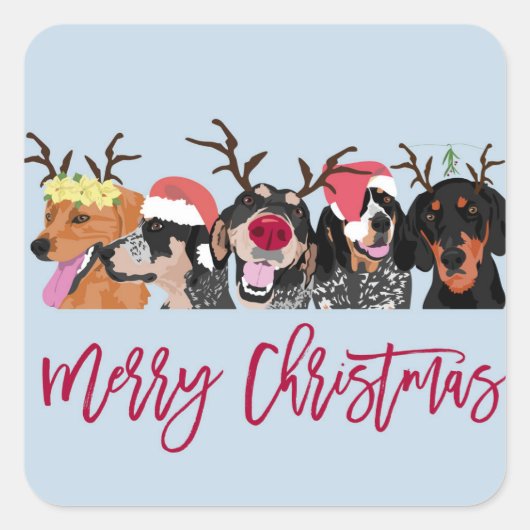 Merry Christmas Coonhound Head Square sticker (Voorkant)
