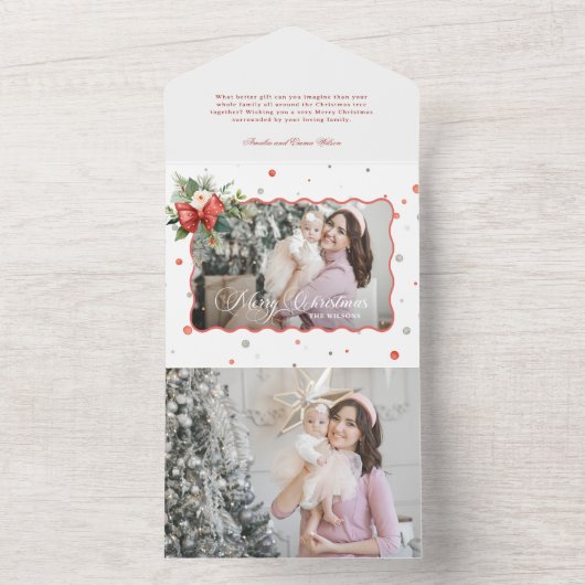 Merry Christmas Coquette Bow, Ribbon Frame 1 Photo All In One Uitnodiging (Binnen)