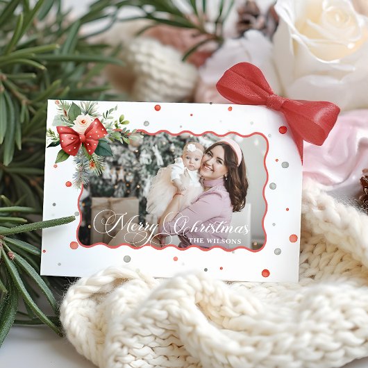 Merry Christmas Coquette Bow, Ribbon Frame 1 Photo Feestdagenkaart