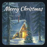 Merry Christmas Cottage Square Stickers<br><div class="desc">Vroege kersttekst met katoen</div>
