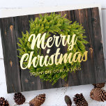 Merry Christmas Country Rustic Pine Wreath Wood Folie Feestdagenkaart<br><div class="desc">Your business logo can be added at the back. Modify the holiday message,  business name or company name. 

Available here:
http://www.zazzle.com/selectpartysupplies</div>