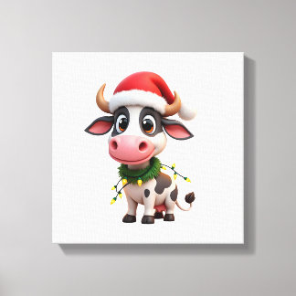 Merry Christmas Cow Santa Christmas Lights Cow Xma Canvas Afdruk