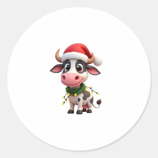 Merry Christmas Cow Santa Christmas Lights Cow Xma Ronde Sticker (Voorkant)
