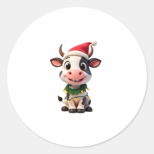 Merry Christmas Cow Santa Christmas Lights Cow Xma Ronde Sticker (Voorkant)