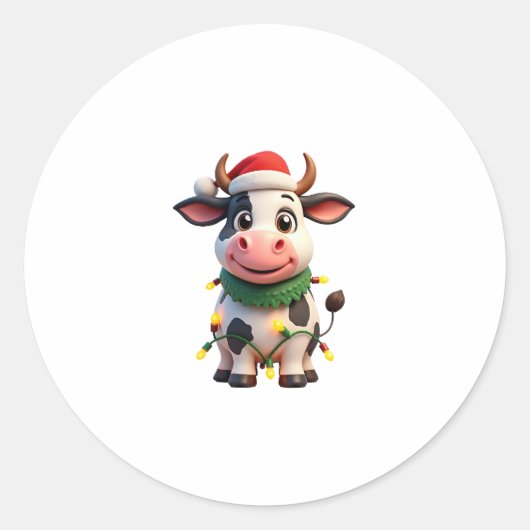 Merry Christmas Cow Santa Christmas Lights Cow Xma Ronde Sticker (Voorkant)