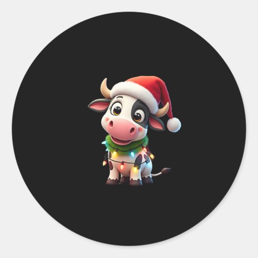 Merry Christmas Cow Santa Christmas Lights Cow Xma Ronde Sticker (Voorkant)