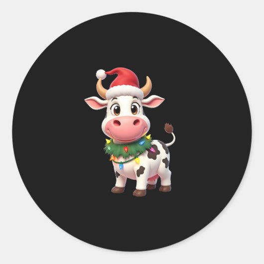 Merry Christmas Cow Santa Christmas Lights Cow Xma Ronde Sticker (Voorkant)