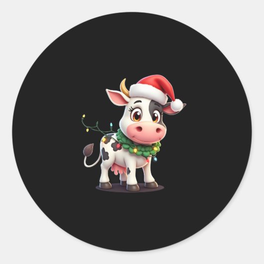 Merry Christmas Cow Santa Christmas Lights Cow Xma Ronde Sticker (Voorkant)