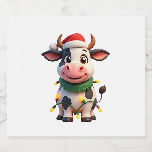 Merry Christmas Cow Santa Christmas Lights Cow Xma Sparkling Wijnetiket (Enkel label)
