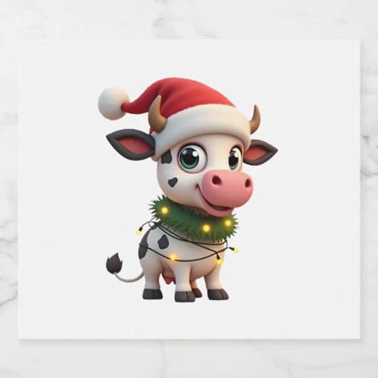 Merry Christmas Cow Santa Christmas Lights Cow Xma Sparkling Wijnetiket (Enkel label)