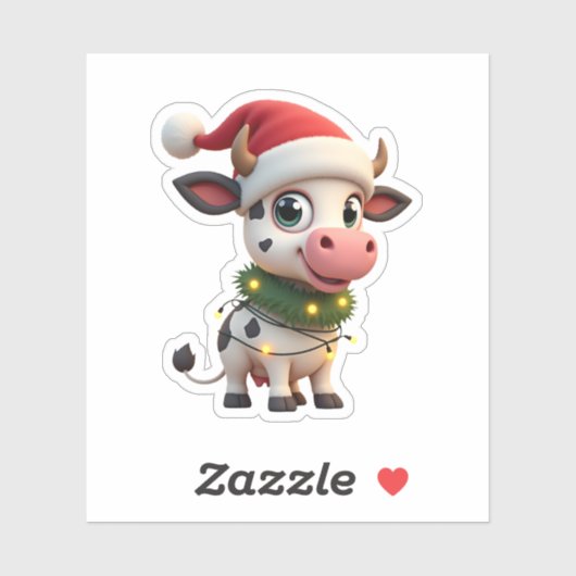 Merry Christmas Cow Santa Christmas Lights Cow Xma Sticker (Vel)