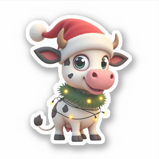 Merry Christmas Cow Santa Christmas Lights Cow Xma Sticker (Voorkant)