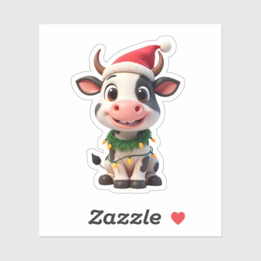 Merry Christmas Cow Santa Christmas Lights Cow Xma Sticker (Vel)