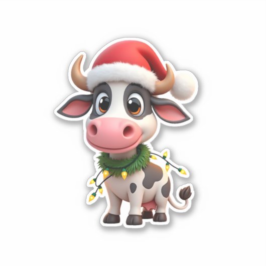 Merry Christmas Cow Santa Christmas Lights Cow Xma Sticker (Voorkant)