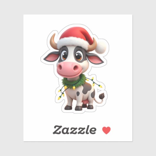 Merry Christmas Cow Santa Christmas Lights Cow Xma Sticker (Vel)