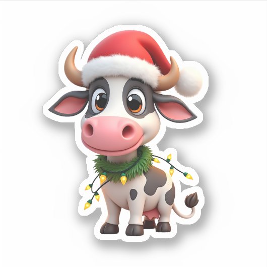 Merry Christmas Cow Santa Christmas Lights Cow Xma Sticker (Voorkant)
