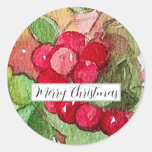 Merry Christmas Cranberries Fruit Watercolor Ronde Sticker (Voorkant)